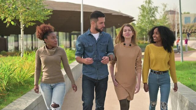 A multinational company of 4 people strolls through the park on a sunny day. Friends meeting