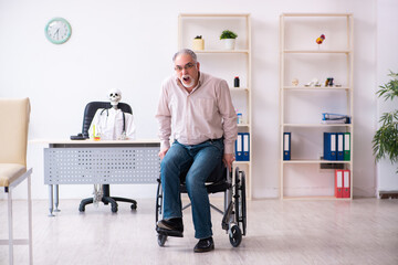 Old man in wheel-chair visiting dead doctor