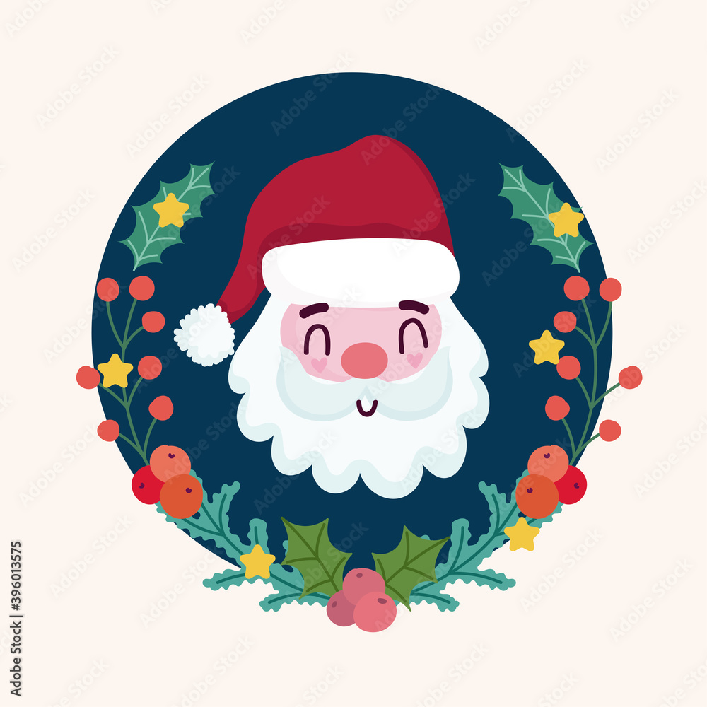 Poster merry christmas wreath cute santa claus and holly berry