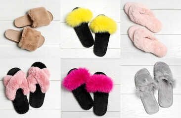 Collage with different soft slippers on white wooden background, top view