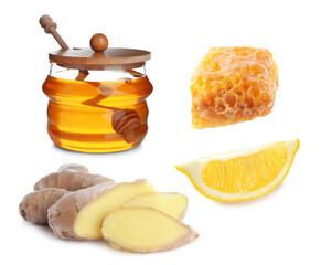 Ginger root, lemon and honey on white background