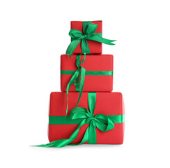 Different Christmas gift boxes on white background