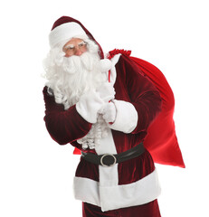 Santa Claus with sack on white background