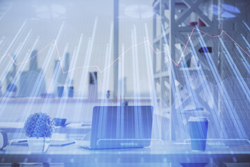 Double exposure of stock market graph drawing and office interior background. Concept of financial analysis.