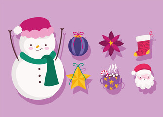 merry christmas, snowman santa flower ball and star decoration and ornament season icons