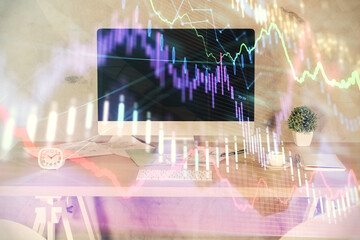 Multi exposure of financial graph drawing and office interior background. Concept of market...