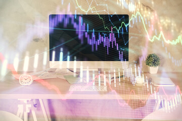 Multi exposure of financial graph drawing and office interior background. Concept of market analysis.