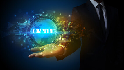 Elegant hand holding COMPUTING inscription, digital technology concept