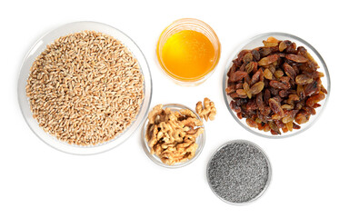 Ingredients for traditional kutia on white background, top view