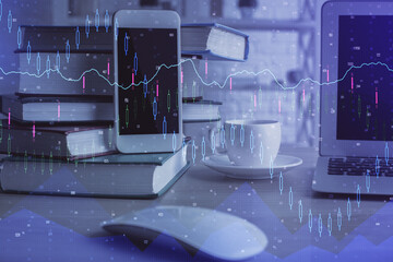 Double exposure of financial graph drawing and cell phone background. Concept of forex trading