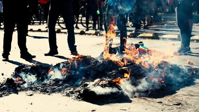 SANTIAGO, CHILE - November 28, 2020 Barricades and bonfires are installed in the center of the City for one more day of protesting against 