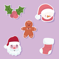 merry christmas icons set santa snowman faces gingerbread man and sock