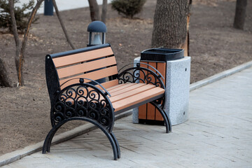 Autumn, 2013 - Vladivostok, Primorsky region - Urban street brown benches close up. Street bench...