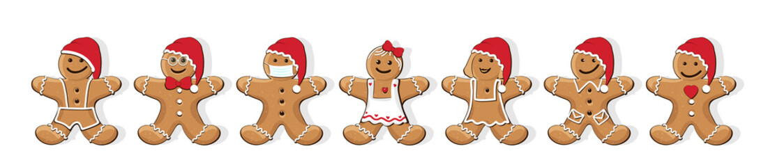 Lebkuchenmann und Mädchen Gruppe, verschiedene Sorten, 
für jeden Tag eine Lebkuchen Figur,
Die Weihnachtsbäckerei,
Vektor Illustration isoliert auf weißem Hintergrund
