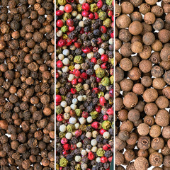 Food background. Collage from different types of pepper. Top view