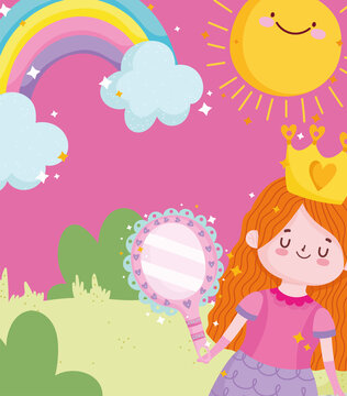 cute princess with mirror crown rainbow and sun cartoon