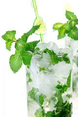 Drink with Ice Cubes and Mint Leaves