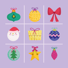 merry christmas, balls santa gift bow and star decoration and ornament season icons