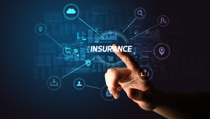 Obraz premium Hand touching INSURANCE inscription, Cybersecurity concept