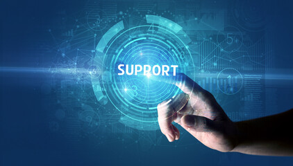 Hand touching SUPPORT button, modern business technology concept