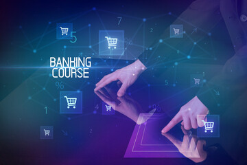 Online shopping with BANKING COURSE inscription concept, with shopping cart icons