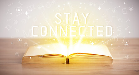 Open book with STAY CONNECTED inscription, social media concept