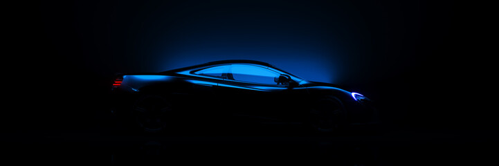 Sports car, studio setup, on a dark background. 3d rendering	
