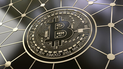 3d rendering of a bitcoin gold logo in a concept composition over black background