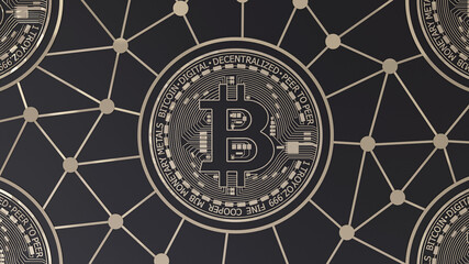 3d rendering of a bitcoin gold logo in a concept composition over black background