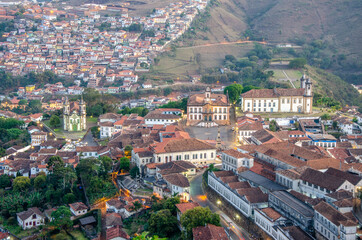 Travel bucket list . Ouro Preto , Brazil. Panoramic view of historic city during  sunset light.