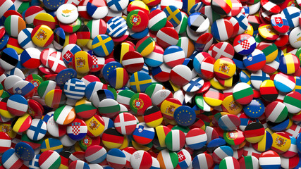 Fototapeta na wymiar 3d rendering of a lots of european union's flags glossy buttons in a close up view