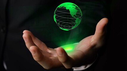 Human hand holding earth globe holographic technology . Futuristic visualization for virtual reality and augmented reality .