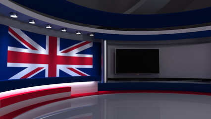 TV studio. UK. British flag studio. British flag background. News studio. The perfect backdrop for any green screen or chroma key video or photo production. 3d render. 3d
