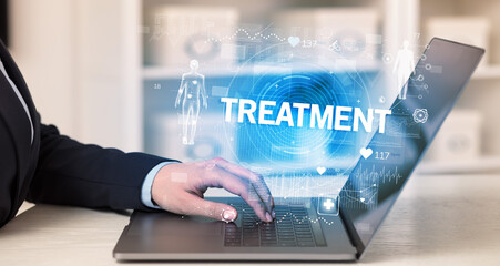 Doctor working a health check with TREATMENT inscription, recording medical test results