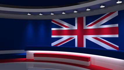 TV studio. UK. British flag studio. British flag background. News studio. The perfect backdrop for any green screen or chroma key video or photo production. 3d render. 3d