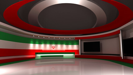 TV studio. Iran. Iranian flag studio. Iranian flag background. News studio. The perfect backdrop for any green screen or chroma key video or photo production. 3d render. 3d