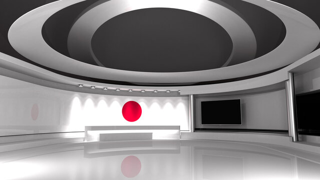 TV studio. Japan. Japanese flag studio. Japanese flag background. News studio. The perfect backdrop for any green screen or chroma key video or photo production. 3d render. 3d