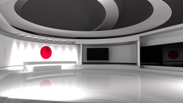 TV studio. Japan. Japanese flag studio. Japanese flag background. News studio. The perfect backdrop for any green screen or chroma key video or photo production. 3d render. 3d