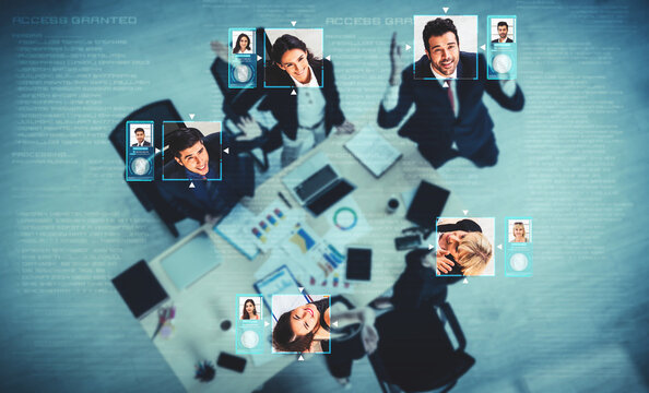 Facial recognition technology scan and detect people face for identification . Future concept interface showing digital biometric security system that analyze human face to verify personal data .