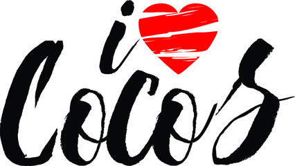 I Love Cocos Country Name Bold Calligraphy Black Color Text With Red Heart 