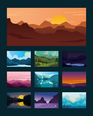Nature mountains landscapes icon set, colorful design