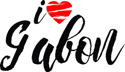 I Love Gabon Country Name Bold Calligraphy Black Color Text With Red Heart 