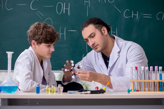 Young chemistry teacher and schoolboy in the classroom