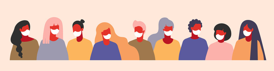 Group of people in medical face mask,  stop coronavirus  covid19.long web banner for network and social media. poster Season virus and quarantine.  illustration, seamless pattern in modern flat style.