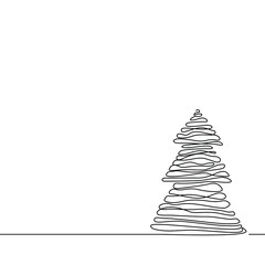 Fototapeta premium Christmas tree continuous line drawing, small tattoo, print for clothes, emblem or logo design, silhouette one single line on a white background, isolated vector illustration.