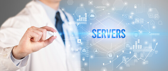 Doctor giving a pill with SERVERS inscription, new technology solution concept