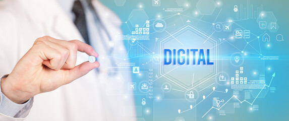 Doctor giving a pill with DIGITAL inscription, new technology solution concept
