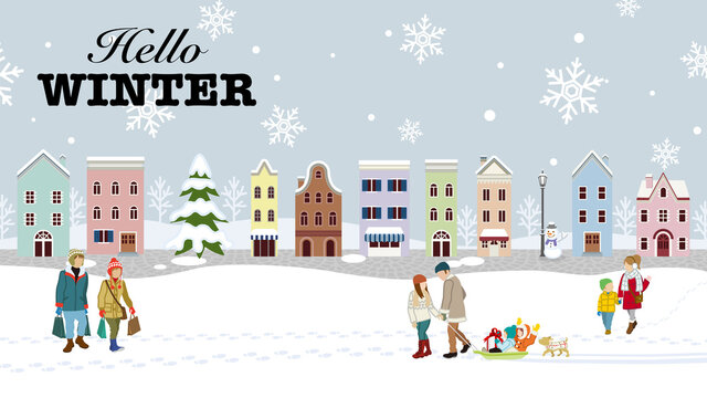 People in the winter snow covered townscape - Included words "Hello WINTER"