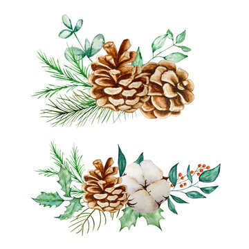 Set Christmas bouquet with eucalyptus and fir branch and pine cones