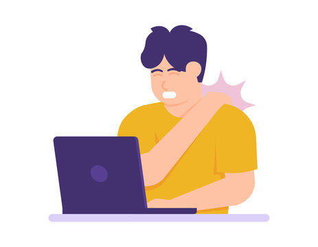 illustration of a man experiencing shoulder pain due to using a laptop or working too long. people suffer from shoulder pain, backache, muscle aches, inflammation. flat style. design elements